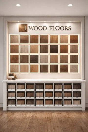 Premium hardwood flooring showroom with wood species samples and reclaimed material display for architects and designers